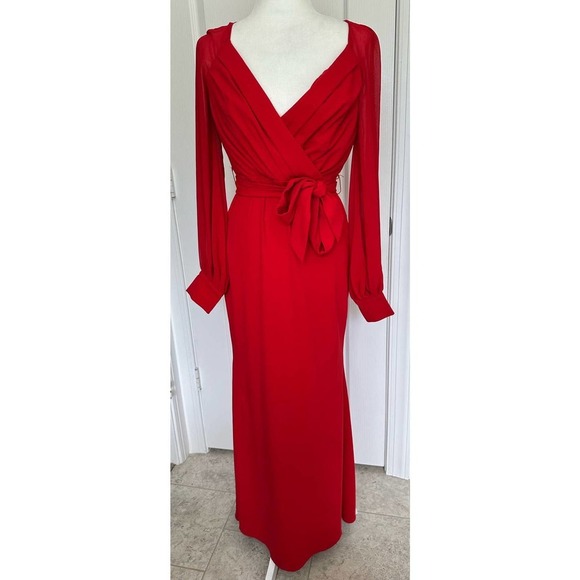 Badgley Mischka Red Faux Wrap Gown 0